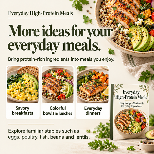 Everyday High-Protein Meals: savory breakfasts, colorful bowls and lunches, and everyday dinners.