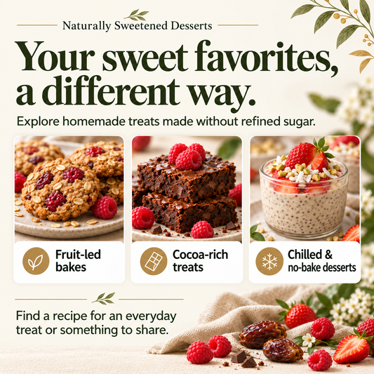 Naturally Sweetened Desserts: fruit-led bakes, cocoa-rich treats, chilled and no-bake desserts.