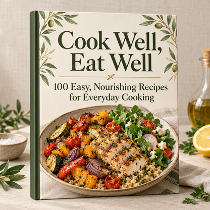 Cook Well, Eat Well — 100 Easy, Nourishing Recipes for Everyday Cooking ebook cover mockup.