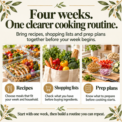 Four weeks of recipes, shopping lists and prep plans