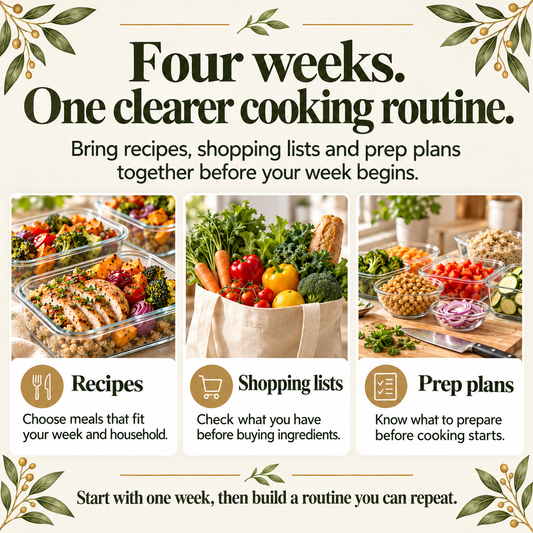 Four weeks of recipes, shopping lists and prep plans